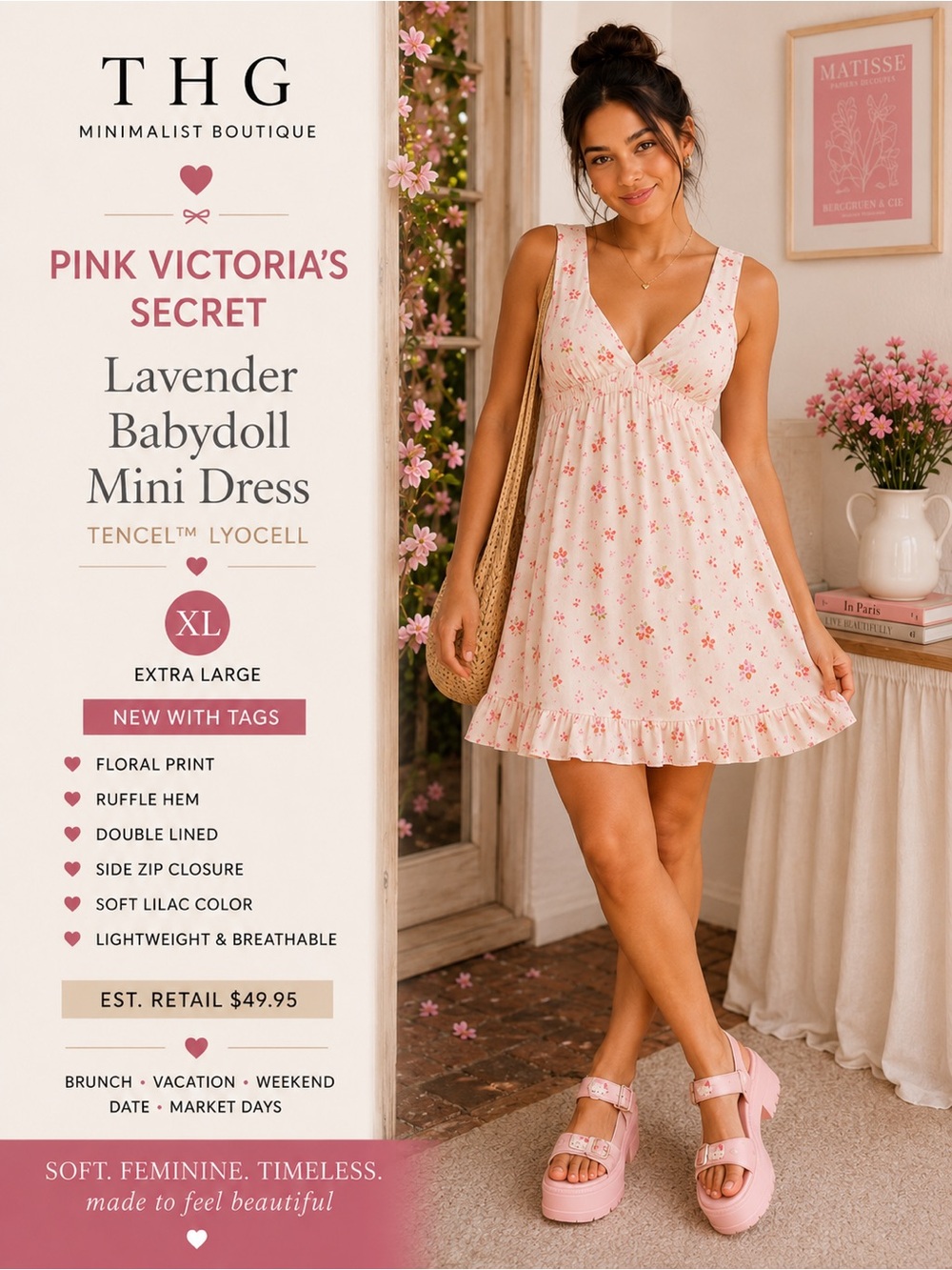 PINK Floral Ruffle Hem Mini Dress XL NWT TENCEL™ Lyocell Cottagecore